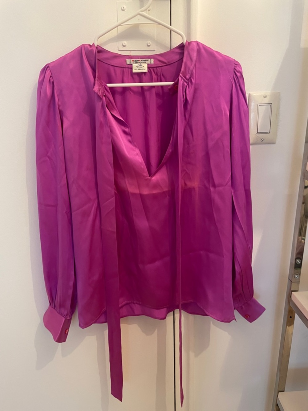 Vintage Saint Laurent Silk Tie-Neck Blouse in Fuchsia - Picture 2 of 13